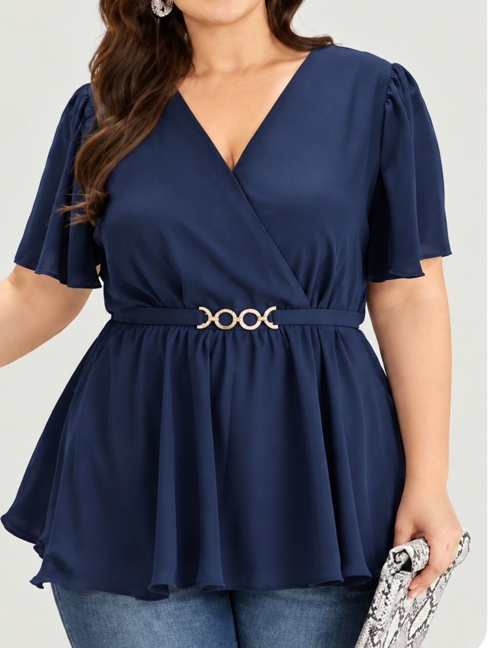 BloomChic Navy Peplum Blouse with Gold Accent